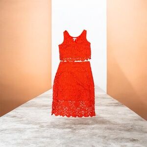 Nordtrom Leith Brand Two-Piece Orange Lace Crop Top & Skirt Set